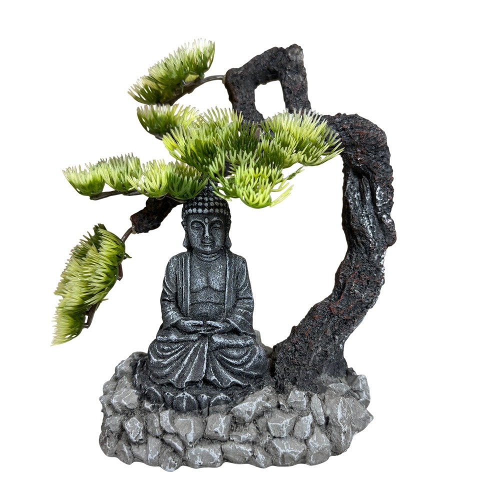 Buddha Statue with Bonsai Tree Aquarium Ornament Resin Zen Decor 8 Inch